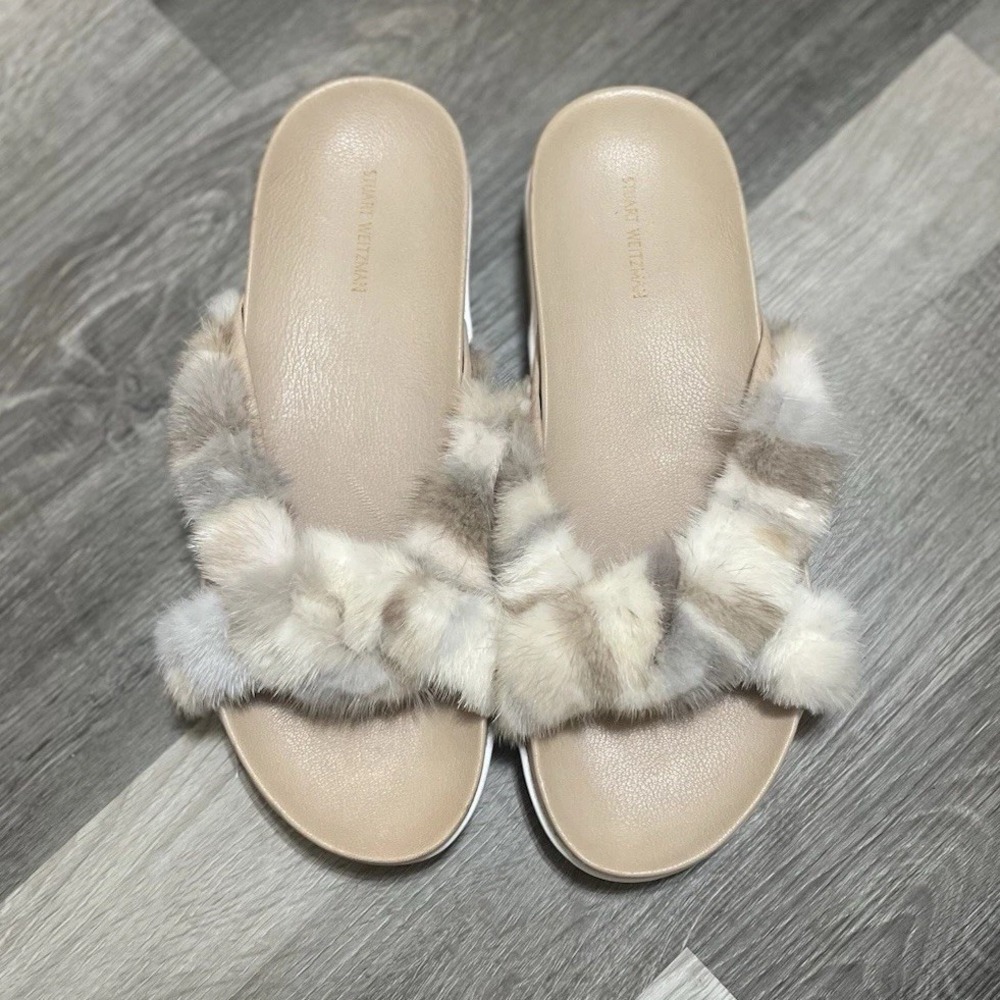 Stuart Weitzman Womens Slides Sandals Fur Women Cream Size 11